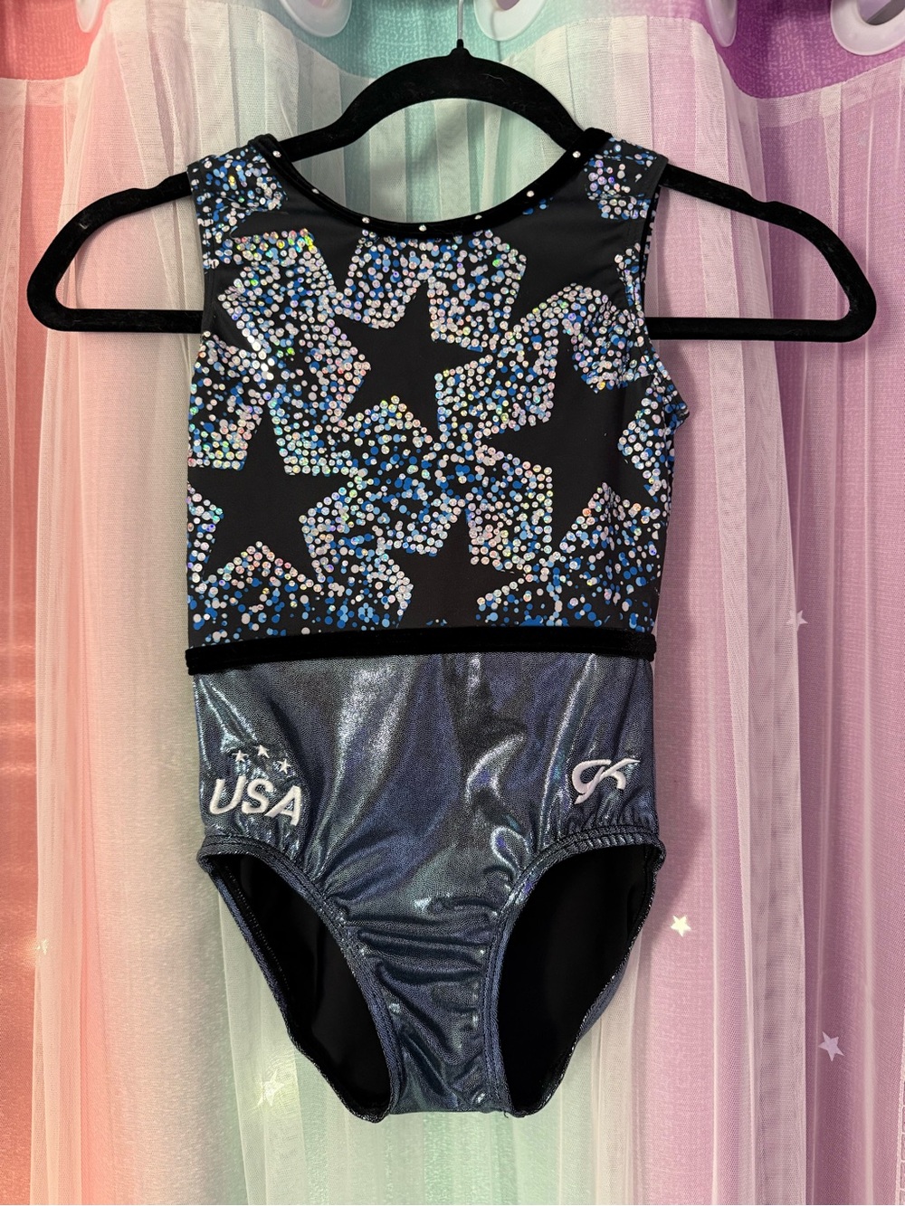 GK Kids Black Holographic Star Swim One-Piece with Shimmering Navy Bottom